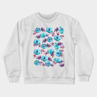 Peonies Flowers Watercolor Ink Cute Girly Cyan Crewneck Sweatshirt